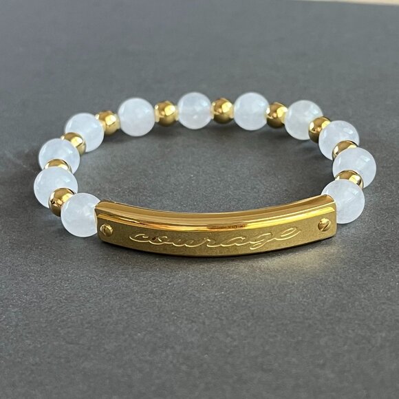 Rustic Cuff White Natural Stone and Stainless Beaded "Courage" Stretch Bracelet - Picture 2 of 4